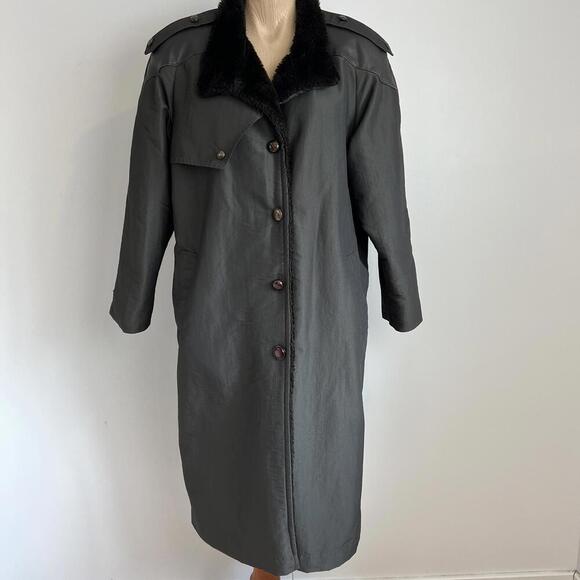 Vintage Fennelli Women's Size L XL Black Leather Faux Fur Trim Overcoat Jacket - Picture 1 of 15